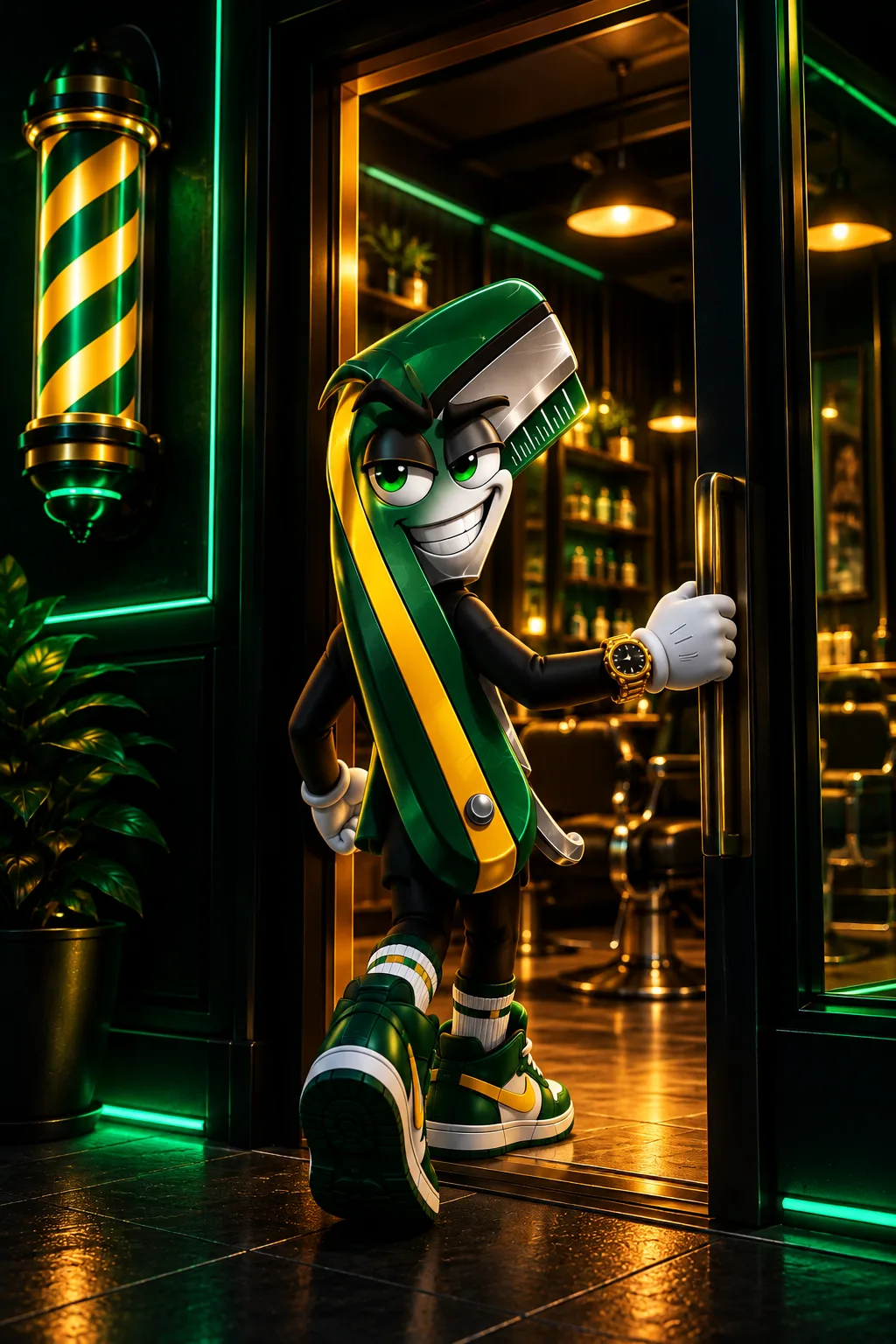 Mascote do Na Régua entrando na barbearia