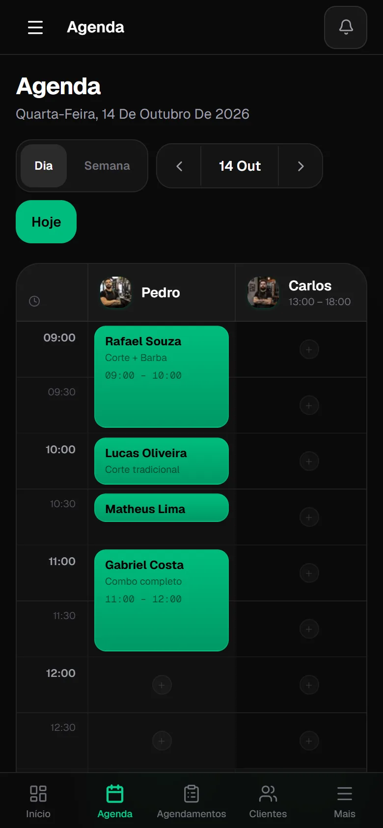 Agenda do dia no Na Régua, com os atendimentos de cada barbeiro