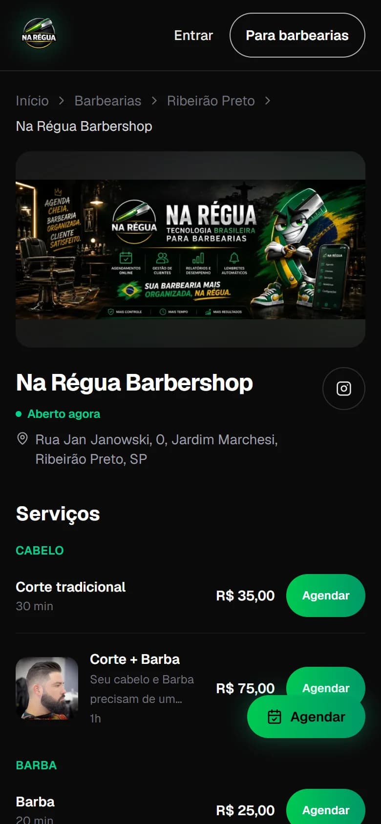 Página da barbearia no Na Régua, com serviços e botão de agendar
